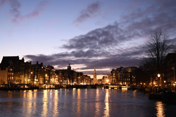 Avondzicht Munttoren Authentieke Nederlandse Architectuur Amsterdam Aan Amstel — Stockfoto