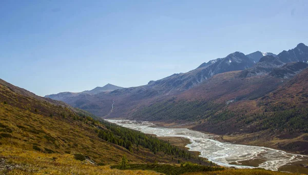 Bergen Blauwe Lucht Met Natuur Mongolië Sneeuwberg Met Bos — Stockfoto