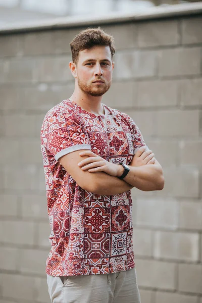 Young Caucasian Male Red Patterned Shirt Posing Crossing Hands — Stock Photo, Image