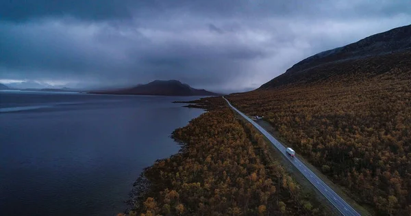 Truck Arctic Road Aerial Drone Shot Lorry Route Moody Rainy — Stock Photo, Image