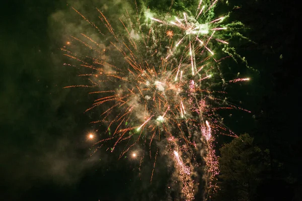 Los Brillantes Fuegos Artificiales Oscuro Cielo Nocturno —  Fotos de Stock