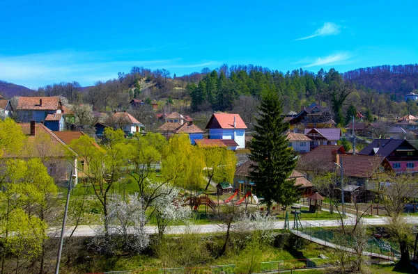 Beautiful Shot Houses Rural Hilly Landscape Covered Trees — Stock Photo, Image