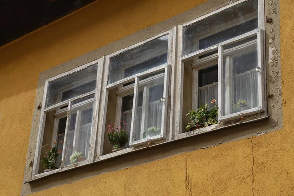 Eine Flache Aufnahme Alter Fenster Mit Blumen Auf Der Fensterbank — Stockfoto