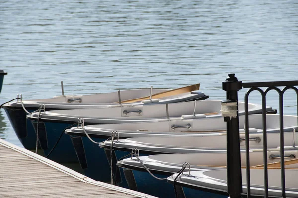 Selective Focus Shot Many Small Fishing Boats Moored Wooden Pier — Stock Photo, Image