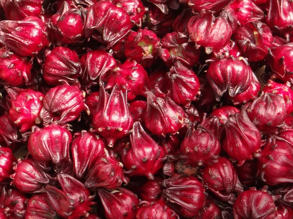 Sebuah Foto Closeup Roselles Merah Segar Dalam Sekelompok — Stok Foto