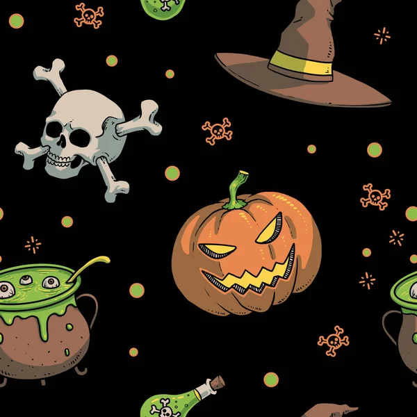 Ilustracja Dyniami Szkieletami Eliksirami Czarownic Halloween Płynny Wzór — Zdjęcie stockowe