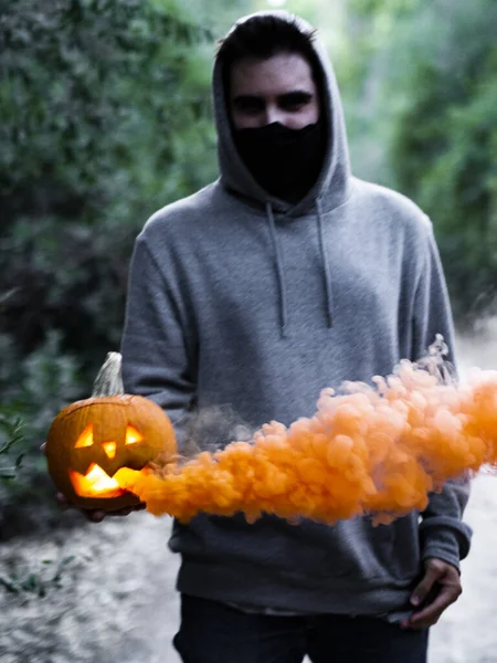 Spooky Shot European Guy Holding Smoking Halloween Pumpkin While Wearing — Stock Photo, Image