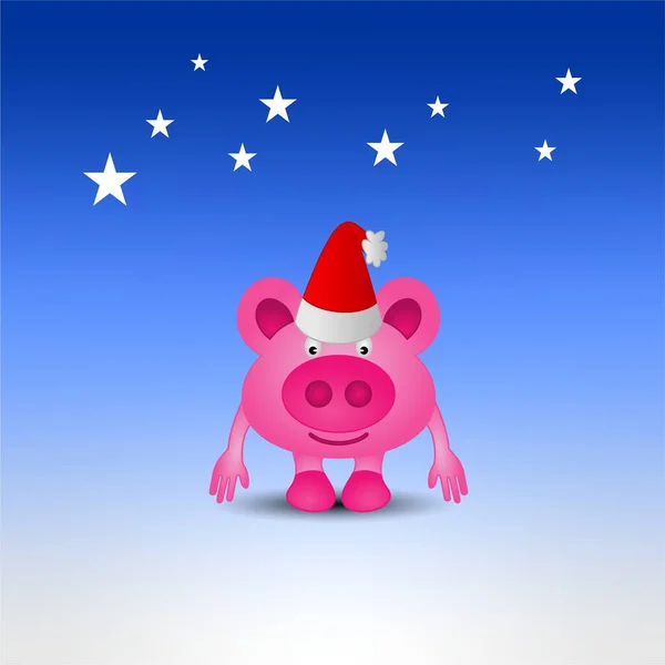 Illustration Pink Pig Cartoon Character Christmas Hat Blue Background — Stock Photo, Image