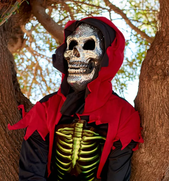 Vertikal Närbild Person Klädd Halloween Kostym Sitter Ett Träd — Stockfoto