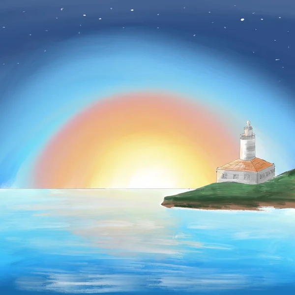 Illustration Watercolor Lighthouse Sea View Sunset Sky — Stock Photo, Image