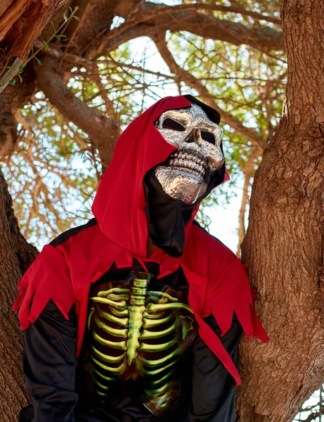 Vertikal Närbild Person Klädd Halloween Kostym Sitter Ett Träd — Stockfoto