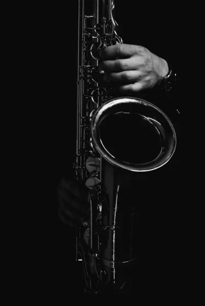 Grayscale Shot Cool Handsome Guy Playing His Saxophone Isolated Dark — Stock Photo, Image