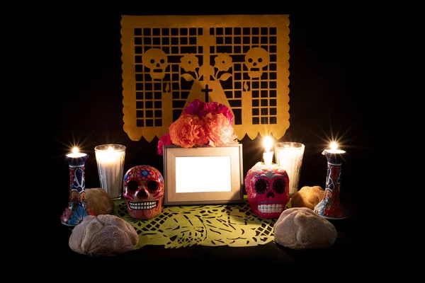 Mini Altar Day Dead Mexico Candles Colored Skulls Flowers — Stock Photo, Image