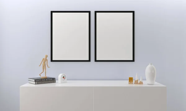 Uma Renderização Dois Quadros Branco Uma Prateleira Alguns Decorativos — Fotografia de Stock