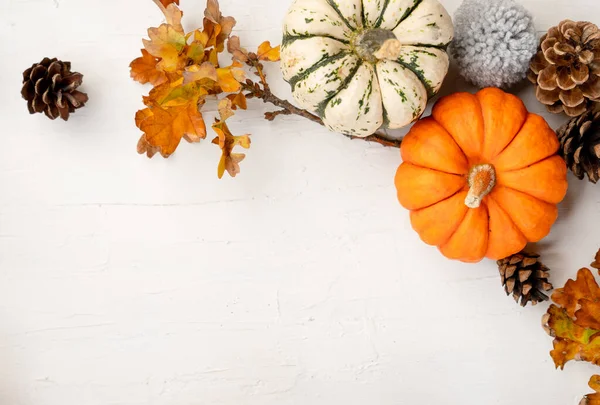 An overhead shot of various pumpkins, pinecones and yarn pompoms with space for your text - autumn themed background