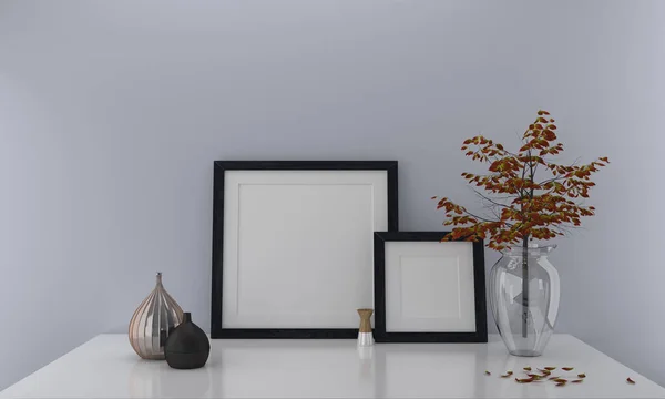 Uma Renderização Dois Quadros Branco Uma Prateleira Com Decorativos Vaso — Fotografia de Stock