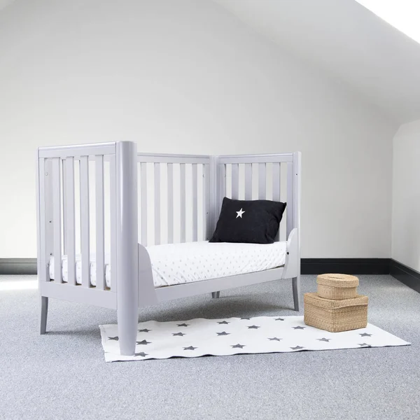 Interior Light Baby Room Modern Cozy Crib Woven Wicker Boxes — Zdjęcie stockowe