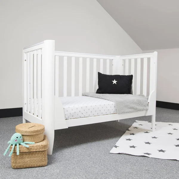 Interior Light Baby Room Modern Cozy Crib Woven Wicker Boxes — Zdjęcie stockowe