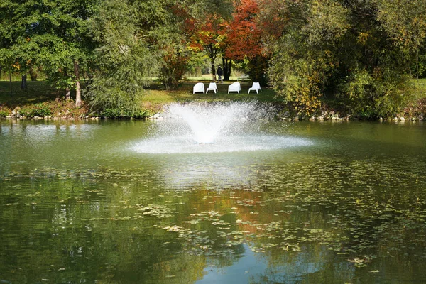 Schöne Aussicht Auf Einen Wasserbrunnen Inmitten Eines Künstlichen Teichs — Stockfoto