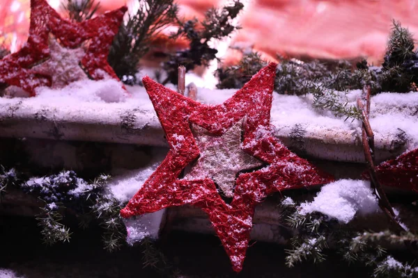 Närbild Bild Röd Stjärna Utomhus Jul Dekoration — Stockfoto