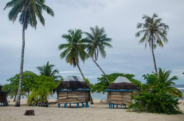 Small Beach Fales Surrounded Greenery Falealupo Beach Cloudy Sky Samoa — Zdjęcie stockowe