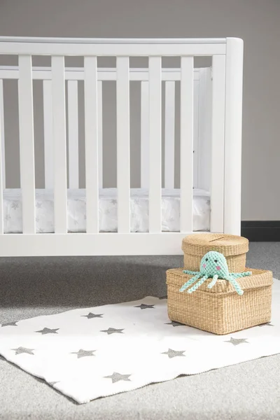 Interior Light Baby Room Modern Cozy Crib Woven Wicker Boxes — Zdjęcie stockowe