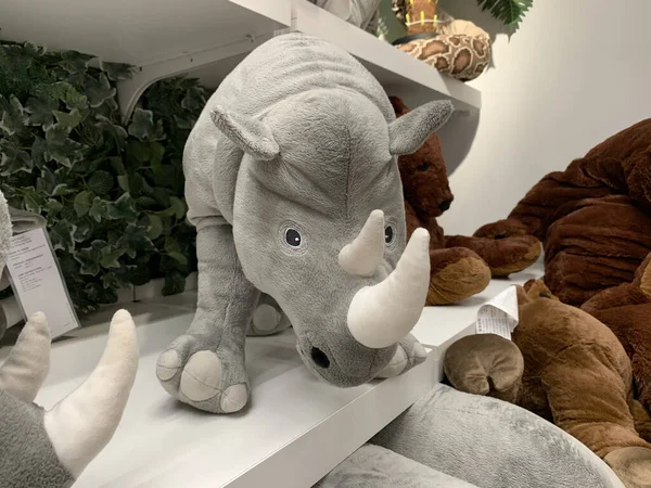 Gray Stuffed Toy Rhino Shelf — Stok fotoğraf