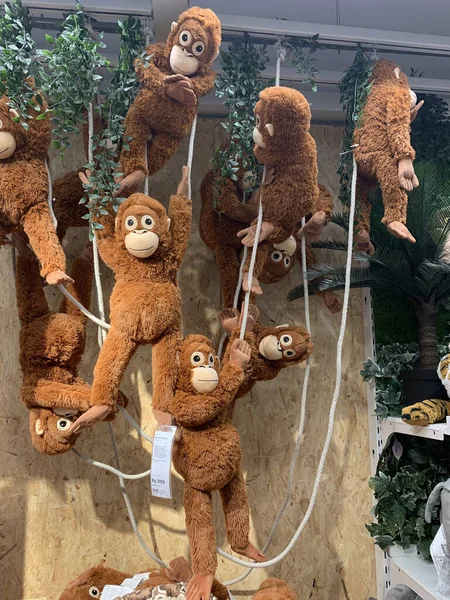 Vertical Shot Brown Little Monkey Stuffed Toys Hunged Ropes — Stok fotoğraf