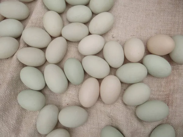 Overhead shot of duck eggs in a bunch on a soft fabric,An overhead shot of duck eggs in a bunch on a soft fabric