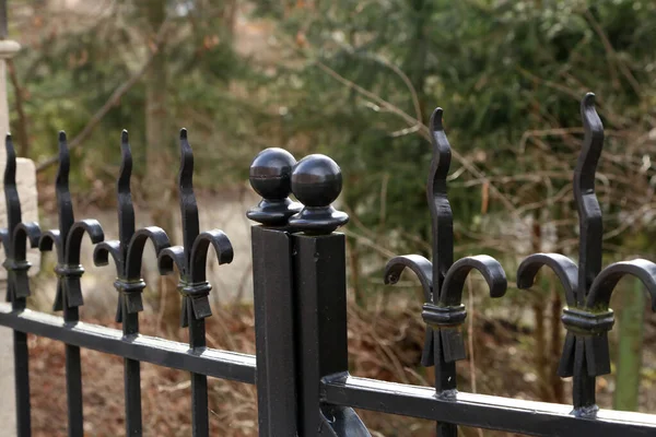 Plan Rapproché Une Clôture Bouclée Métal Noir Dans Parc Sur — Photo