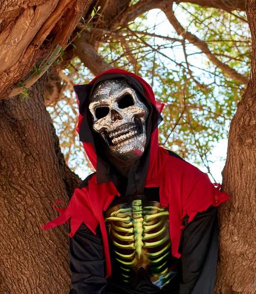 Gros Plan Vertical Une Personne Portant Costume Halloween Assis Sur — Photo