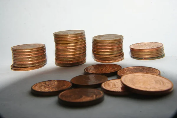 Closeup Euro Cents Front Coin Piles White Background — Stock Photo, Image