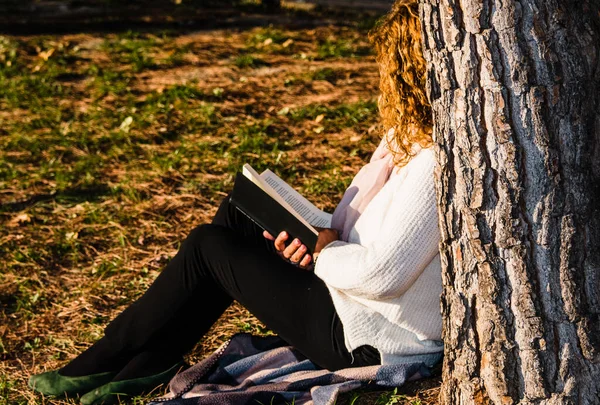 Uma Fêmea Cabelos Claros Sentada Sob Árvore Lendo Livro Tempo — Fotografia de Stock
