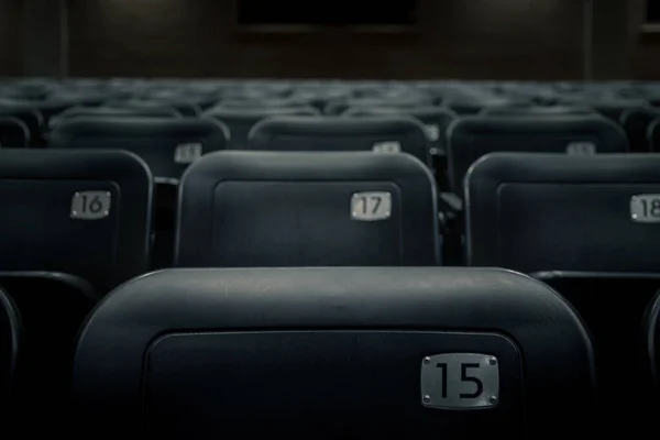 Rangées Sièges Théâtre Numérotés Dans Théâtre Auditorium Sombre Vide — Photo