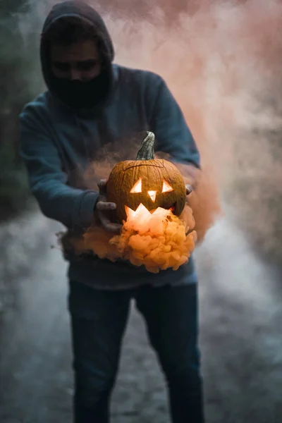 Vertical Shot Man Holding Carved Pumpkin Orange Smoke Concept Halloween — Stock Photo, Image