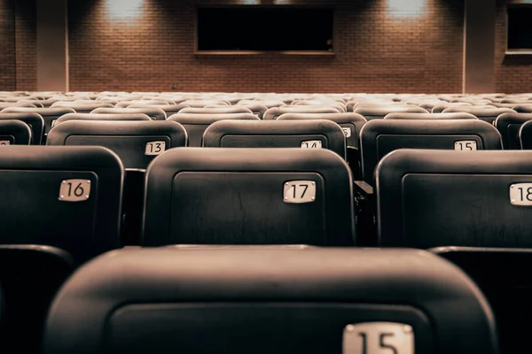 Reihen Nummerierter Theatersitze Einem Dunklen Leeren Theater Zuschauerraum — Stockfoto