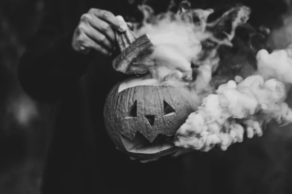 Grayscale Shot Carved Pumpkin Smoke Coming Out Concept Halloween — Stock Photo, Image