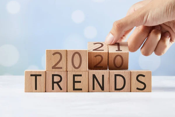 Hand Flipping Wooden Blocks Changing Expression Trends 2020 Trends 2021 — Stock Photo, Image