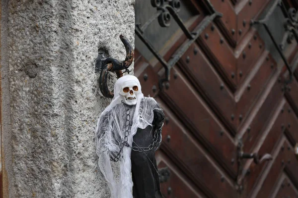 Uma Decoração Crânio Para Halloween Parede Casa — Fotografia de Stock