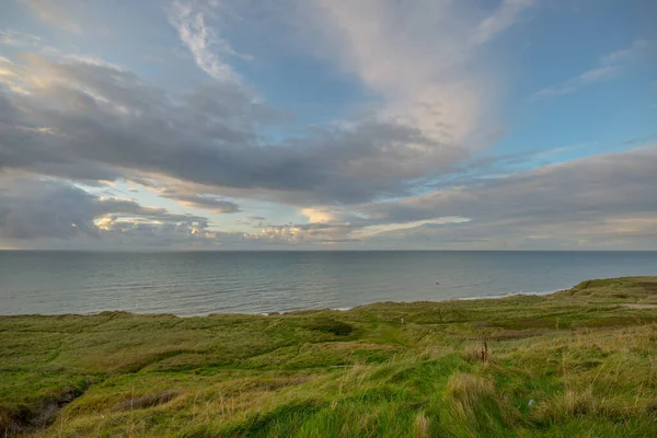 Rivage Couvert Herbe Entouré Par Mer Sous Ciel Nuageux Matin — Photo