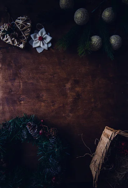 Sfondo Natalizio Con Scatole Regalo Palline Natale Decorazioni — Foto Stock