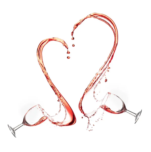 Dikey Olarak Şarap Sıçraması Beyaz Arka Planda Kalp Şekli Oluşturur — Stok fotoğraf