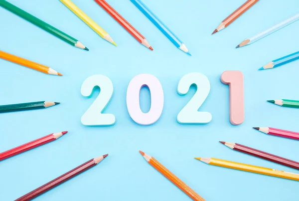 Happy New Year 2021 Colorful Pencils Number2021 Blue Background — Stock Photo, Image