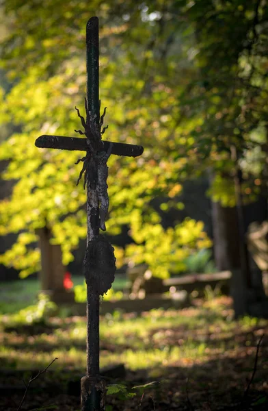 Vertical Shot Old Rusted Cross Spider Web Cemetery — Stock Photo, Image