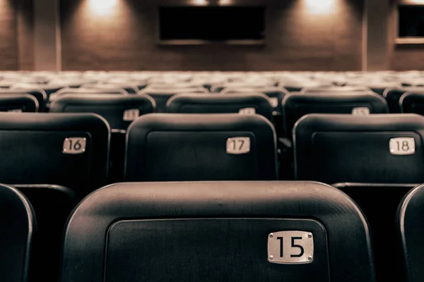 Rangées Sièges Théâtre Numérotés Dans Théâtre Auditorium Sombre Vide — Photo