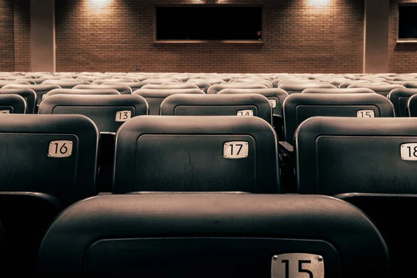 Reihen Nummerierter Theatersitze Einem Dunklen Leeren Theater Zuschauerraum — Stockfoto