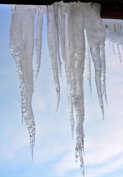 Vertical Closeup Shot Icicles Roof — Stock Photo, Image