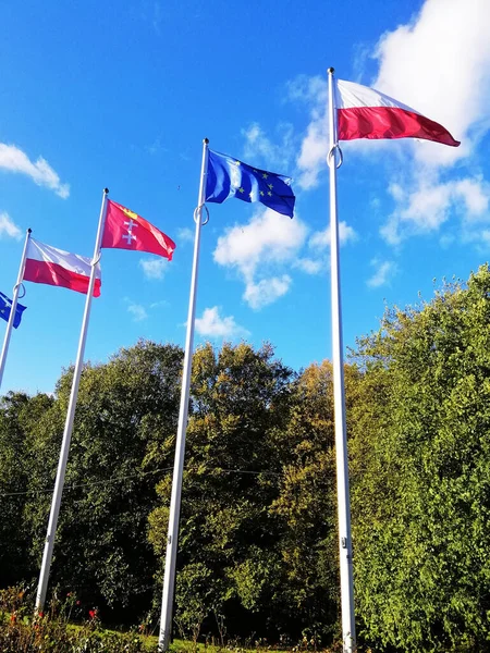 Vertical Shot Flags Poland Danzig Park Westerplatte Poland — Stock Photo, Image