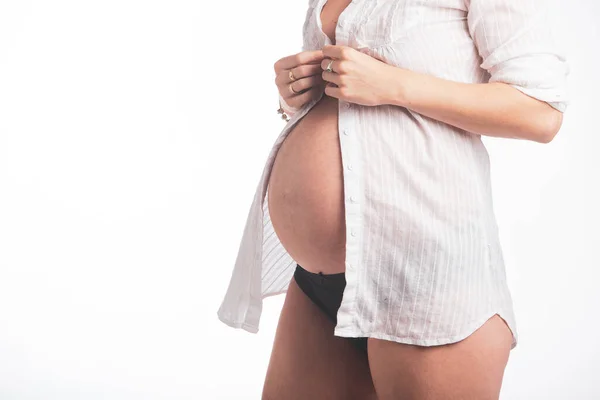 Uma Fêmea Grávida Segurando Seu Bebê Colisão Enquanto Vestindo Uma — Fotografia de Stock