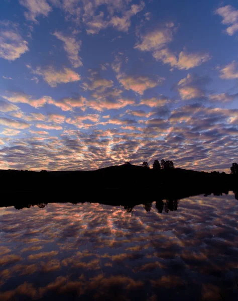 Удивительный Снимок Отражающей Поверхности Воды Силуэте Леса Фоне Неба Закате — стоковое фото
